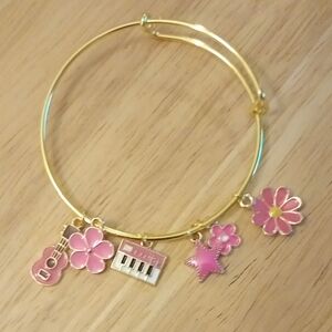 Hand Crafted Gold-Tone Bracelet with Pink Flower & Music Charms